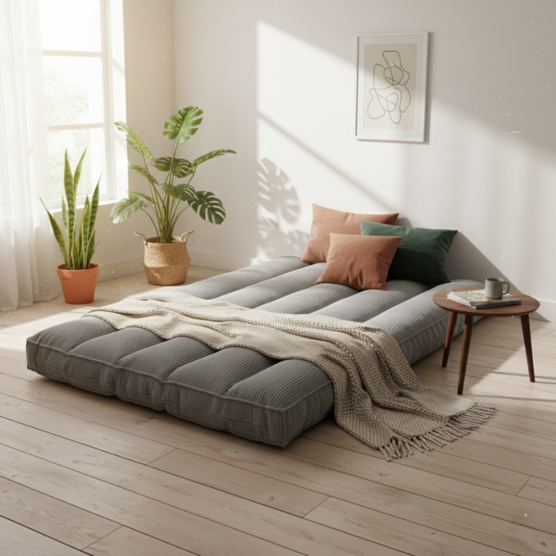 Futon déhoussable gris clair en velours côtelé, posé au sol avec plaid et coussins