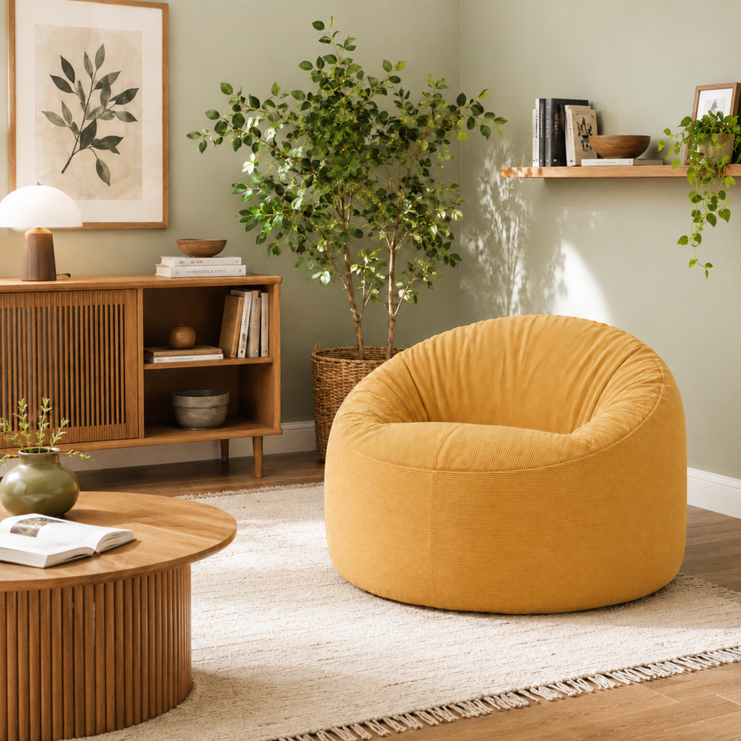 Pouf rond en velours côtelé jaune, assise moelleuse, dans un salon