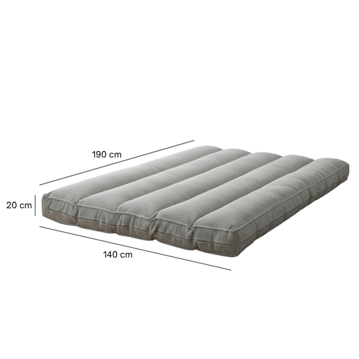 Futon déhoussable gris clair en velours côtelé, dimensions 140 x 190 cm