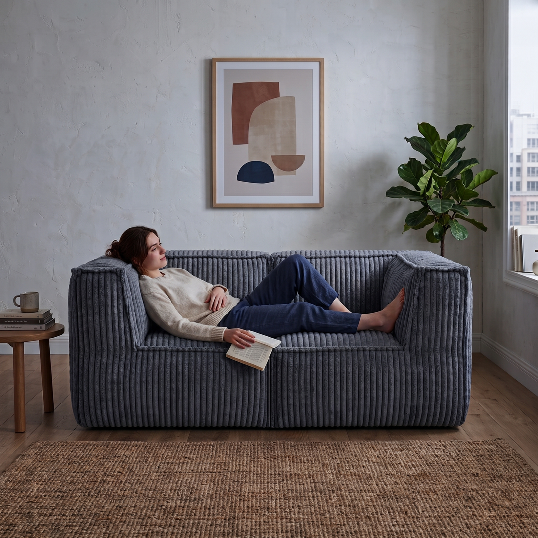 Personne allongée dans un canapé modulable2 places en velours côtelé gris foncé