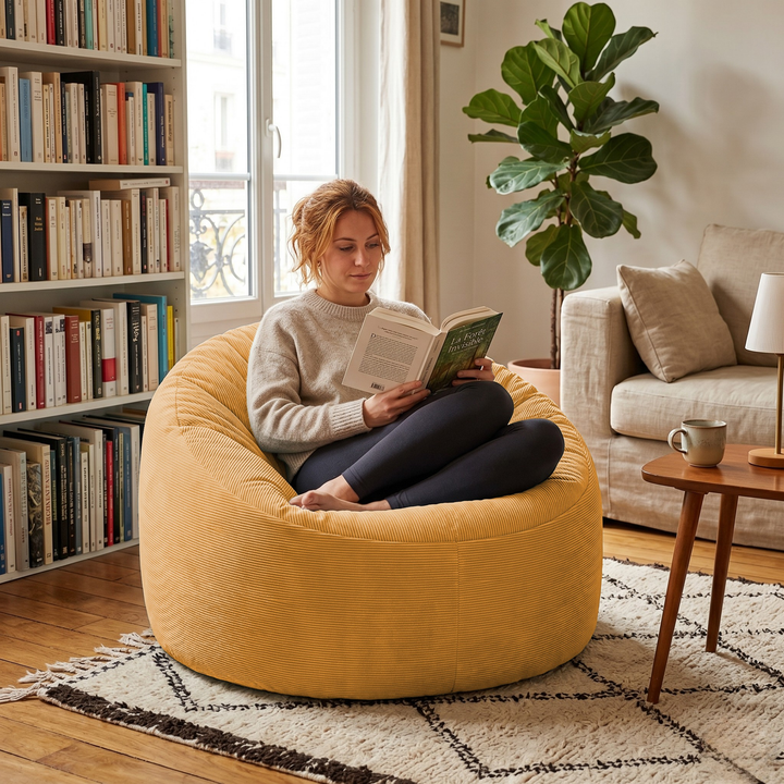 Personne assise dans un pouf rond en velours côtelé, dans un salon