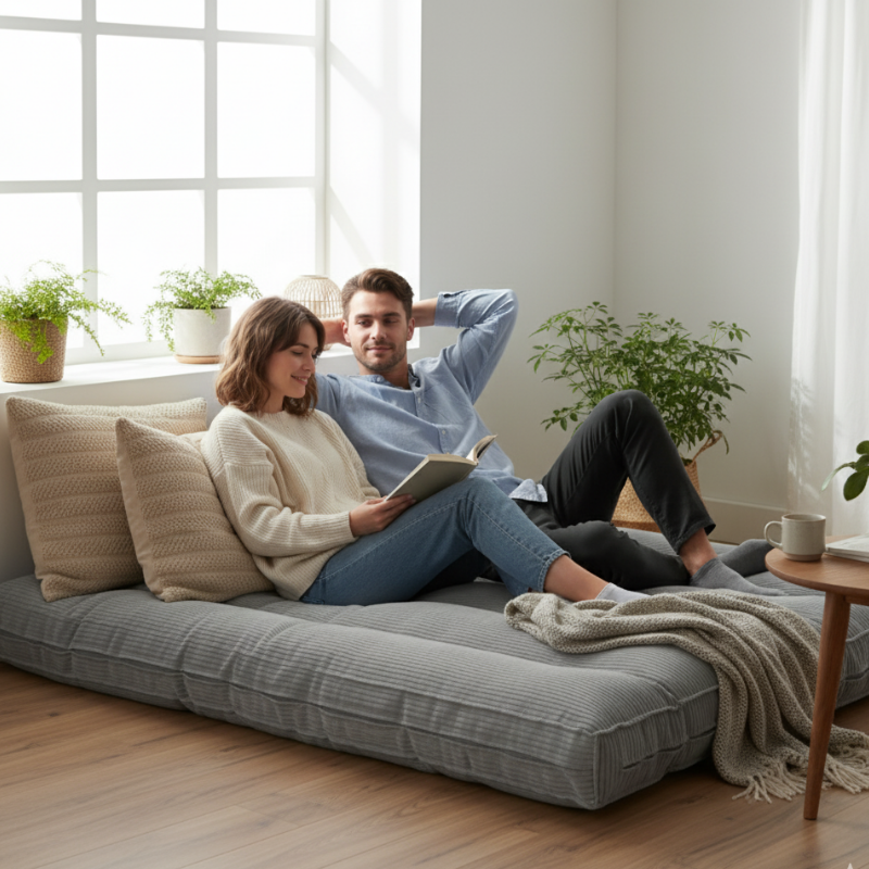 Futon déhoussable gris clair en velours côtelé, avec plaid drapé sur le côté