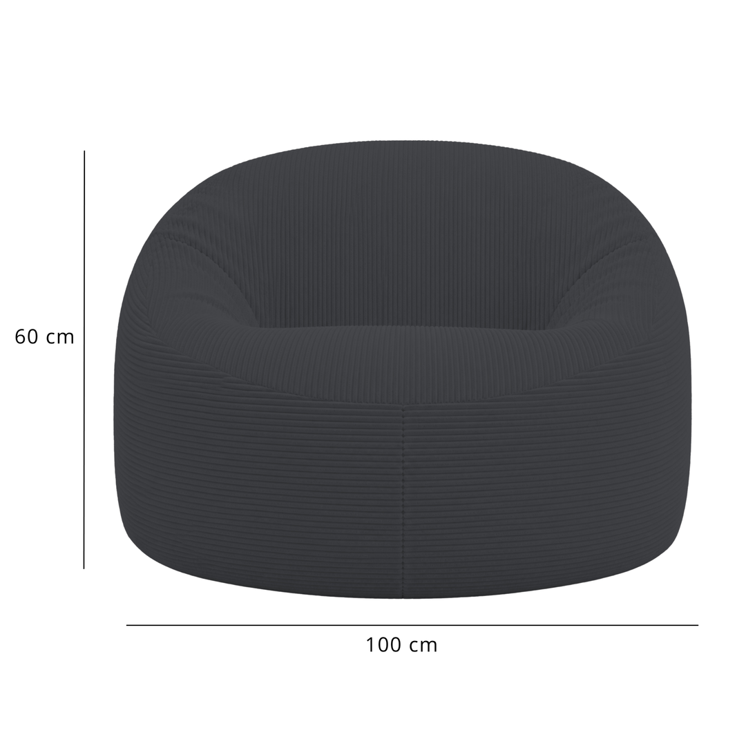 Pouf déhoussable gris foncé en velours côtelé, dimensions 100 cm et 60 cm.