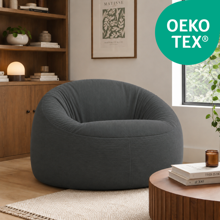 Pouf déhoussable en velours côtelé gris foncé, forme ronde compacte avec dossier, tissu OEKO-TEX.