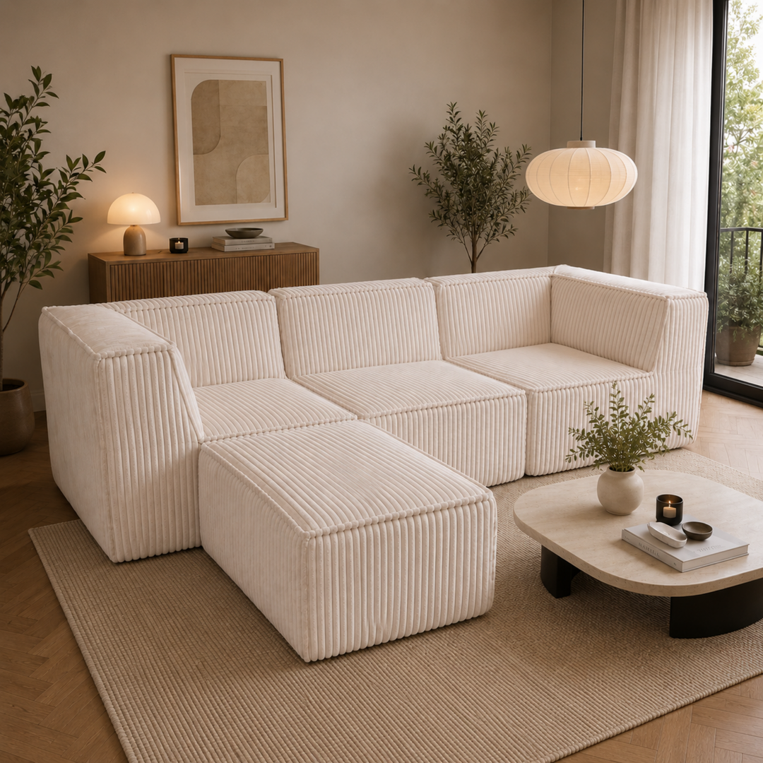Canapé modulable 3 places déhoussable en velours côtelé blanc cassé, avec méridienne