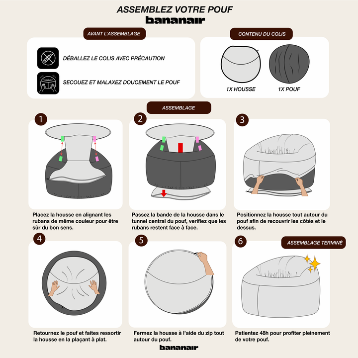 Schéma de montage du pouf 100 cm déhoussable, étapes pour enfiler et positionner la housse.