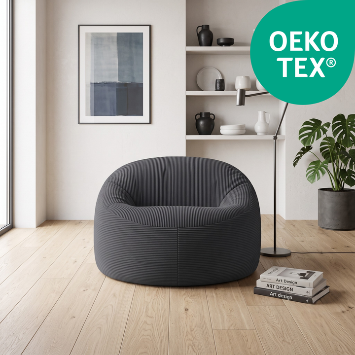 Pouf déhoussable 100 cm gris foncé en velours côtelé épais, forme ronde, assise rembourrée, tissu OEKO-TEX.