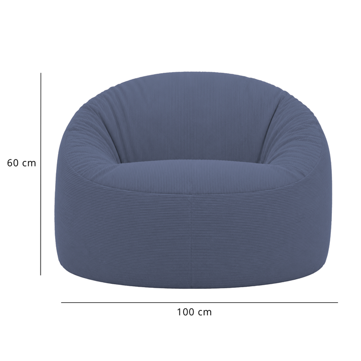 Pouf déhoussable en velours côtelé bleu foncé, dimensions 100 cm de diamètre.