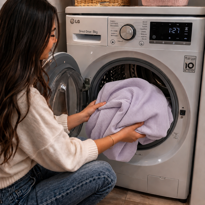 Housse de pouf déhoussable 100 cm en velours côtelé violet, en machine à laver