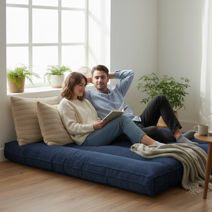 Futon déhoussable bleu foncé 140x190 cm, utilisé comme couchage