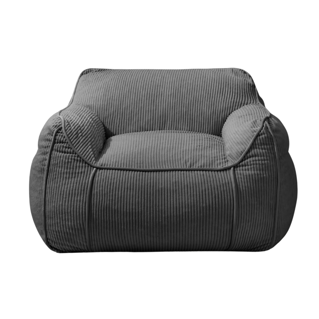 Pouf fauteuil velours côtelé gris foncé, vue de face, assise et dossier rembourrés
