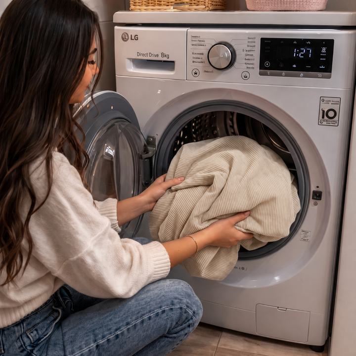 Housse de pouf en velours côtelé beige, en cours d’insertion dans une machine à laver