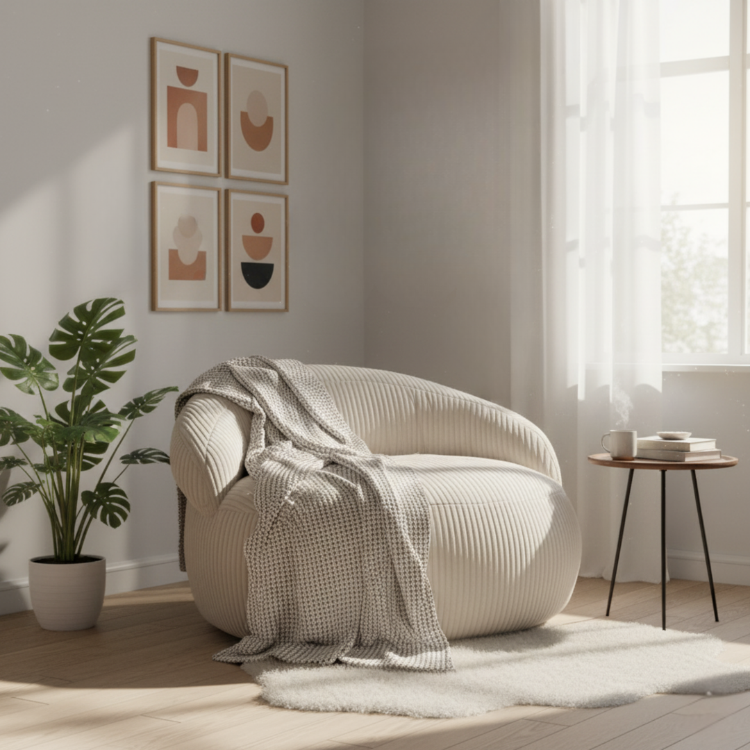 Pouf XXL déhoussable en velours côtelé, forme arrondie, dans un salon