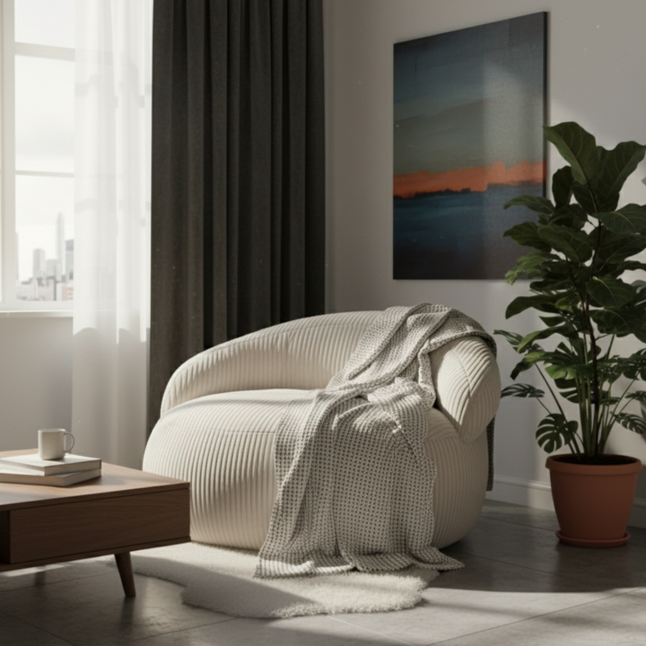Pouf XXL déhoussable en velours côtelé, forme arrondie, dans un salon