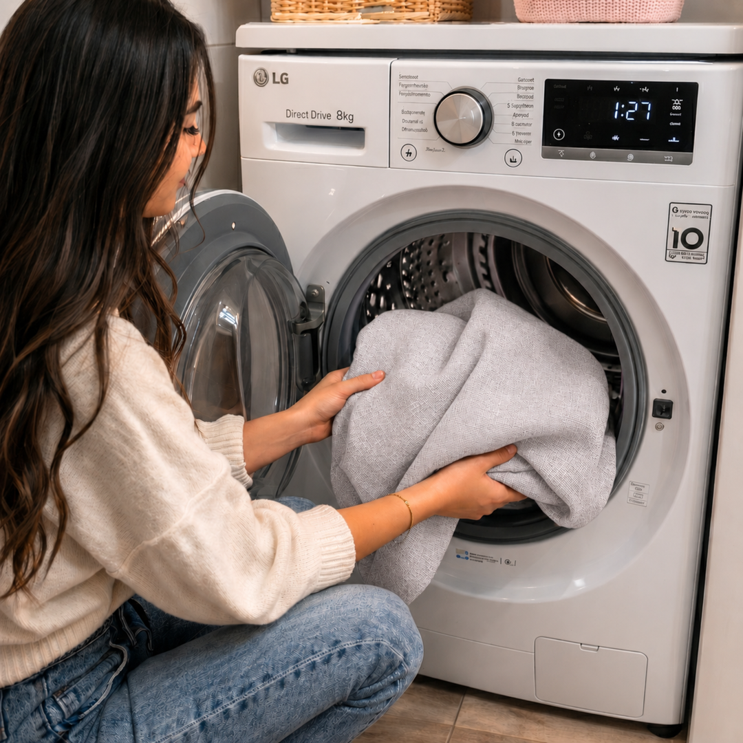 Coussin déhoussable gris clair mis à l’abri dans le tambour de lave-linge