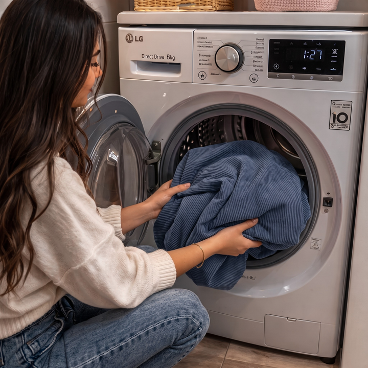 Housse de pouf en velours côtelé bleu foncé dans un lave-linge, prête à être lavée.