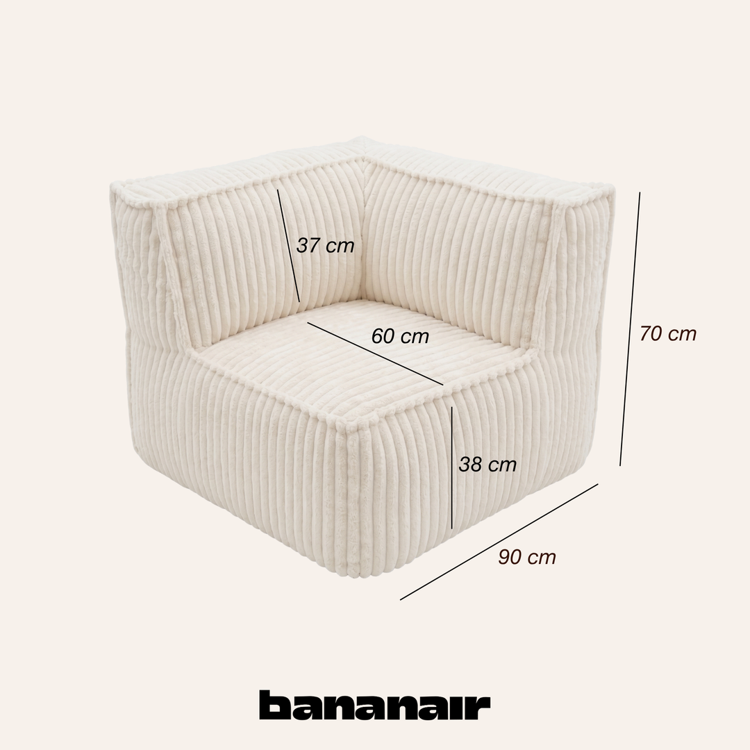 Module d’angle en velours côtelé blanc cassé, 90x90 cm (dimensions indiquées)