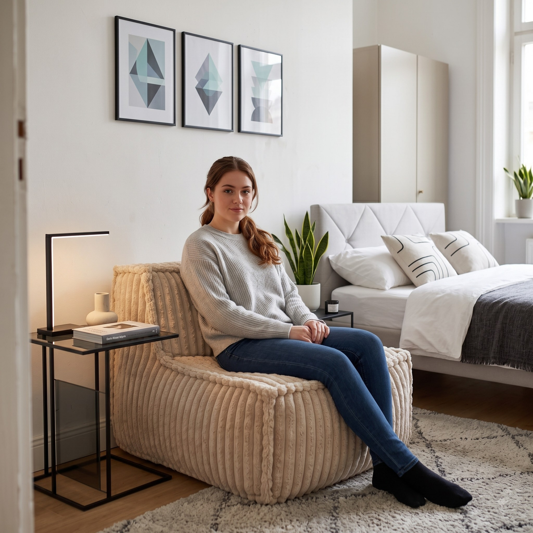 Femme assise sur un module central rembourré en fourrure côtelée, style fauteuil