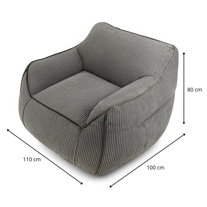 Pouf fauteuil en velours côtelé gris foncé, dimensions 110×100×80 cm.