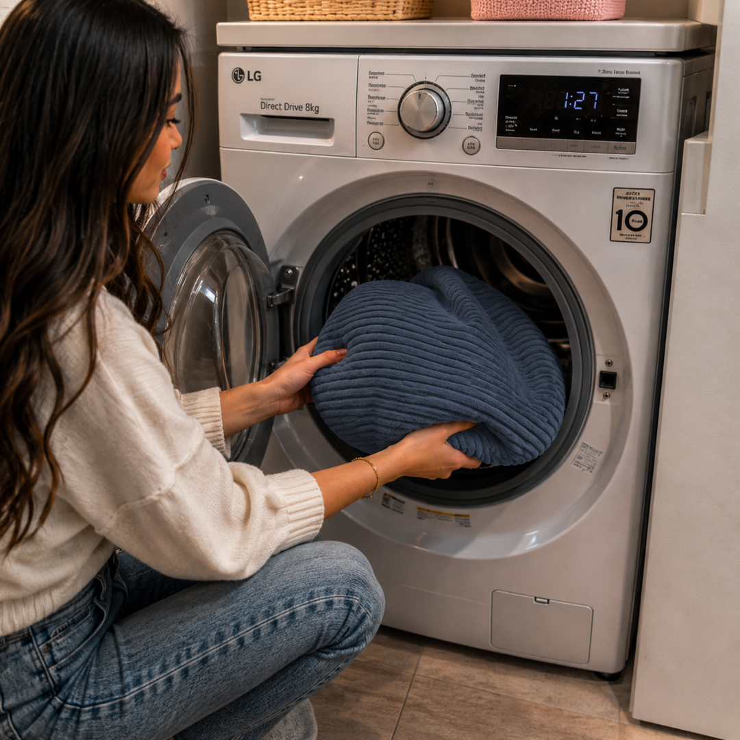 Housse lavable du pouf XXL en velours côtelé dans une machine à laver.