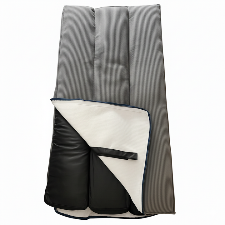 Futon déhoussable gris, housse pliée et renforcée avec rabats