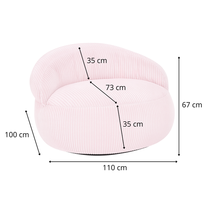 Schéma du pouf XXL déhoussable en velours côtelé rose pâle, 110 x 100 cm