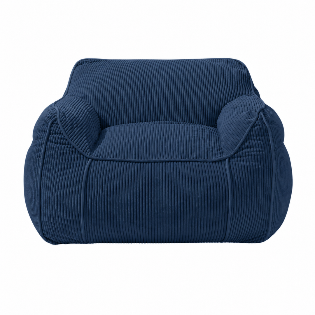 Pouf fauteuil en velours côtelé bleu foncé, dossier haut avec coussin d’assise