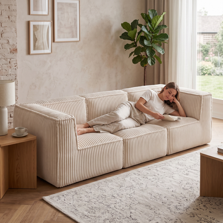 Canapé modulable 3 places déhoussable en velours côtelé blanc cassé, vue en intérieur