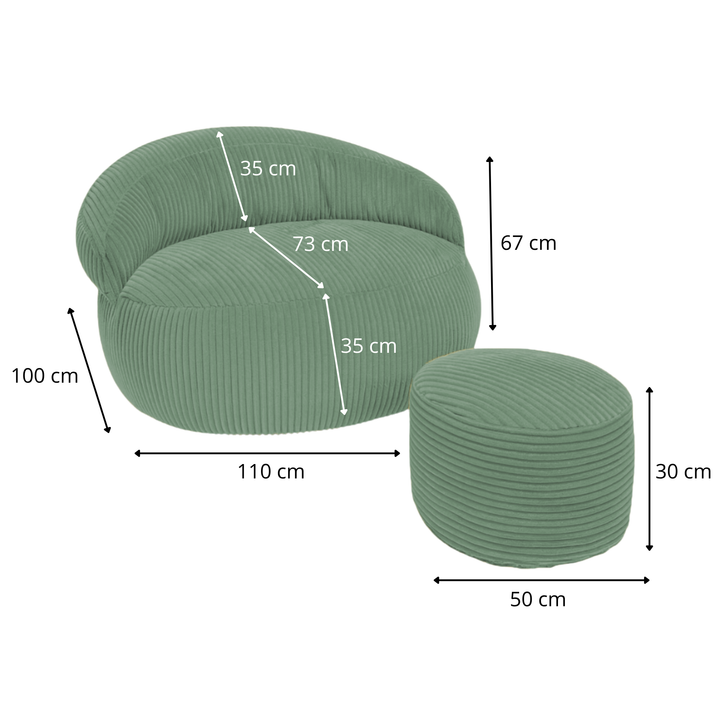Ensemble pouf XXL et repose-pieds velours côtelé, dimensions indiquées 110x100 cm