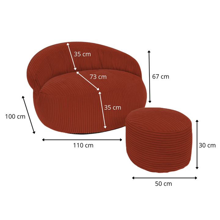 Ensemble pouf XXL et repose-pieds velours côtelé, dimensions indiquées 110x100 cm