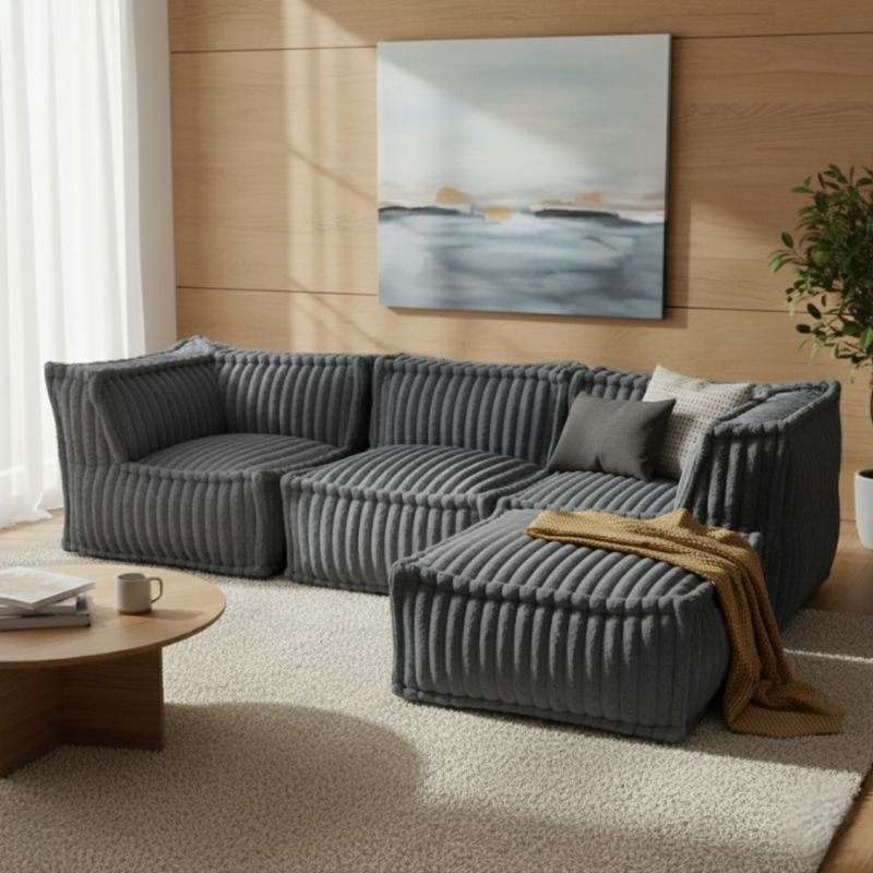 Hocker-Récamiere für modulares Sofa - Rippfell - 80x60x38 cm